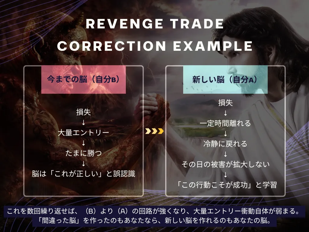 リベンジトレード矯正の仕組み。今までの脳（自分B）の「損失→大量エントリー→たまに勝つ→これが正しいと誤認識」から、新しい脳（自分A）の「損失→一定時間離れる→冷静に戻れる→被害が拡大しない→この行動こそが成功と学習」へ。