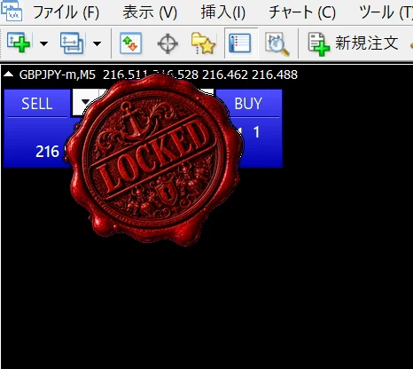 MT4のワンクリック注文パネルの上に、赤い蝋封のLOCKEDスタンプが押されている実画面