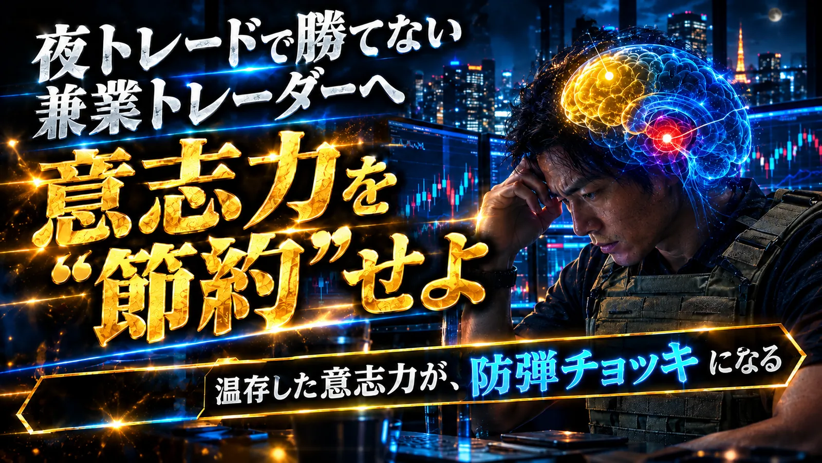 防弾チョッキを着た兼業トレーダーと、前頭前野と扁桃体が光る脳のイメージ。夜のトレードに備えて意志力を節約することを表したアイキャッチ