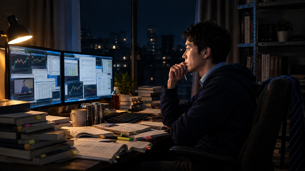 深夜、積み上げた本と付箋だらけのノートに囲まれ、複数のウィンドウを開いた画面に向かって学習するトレーダー