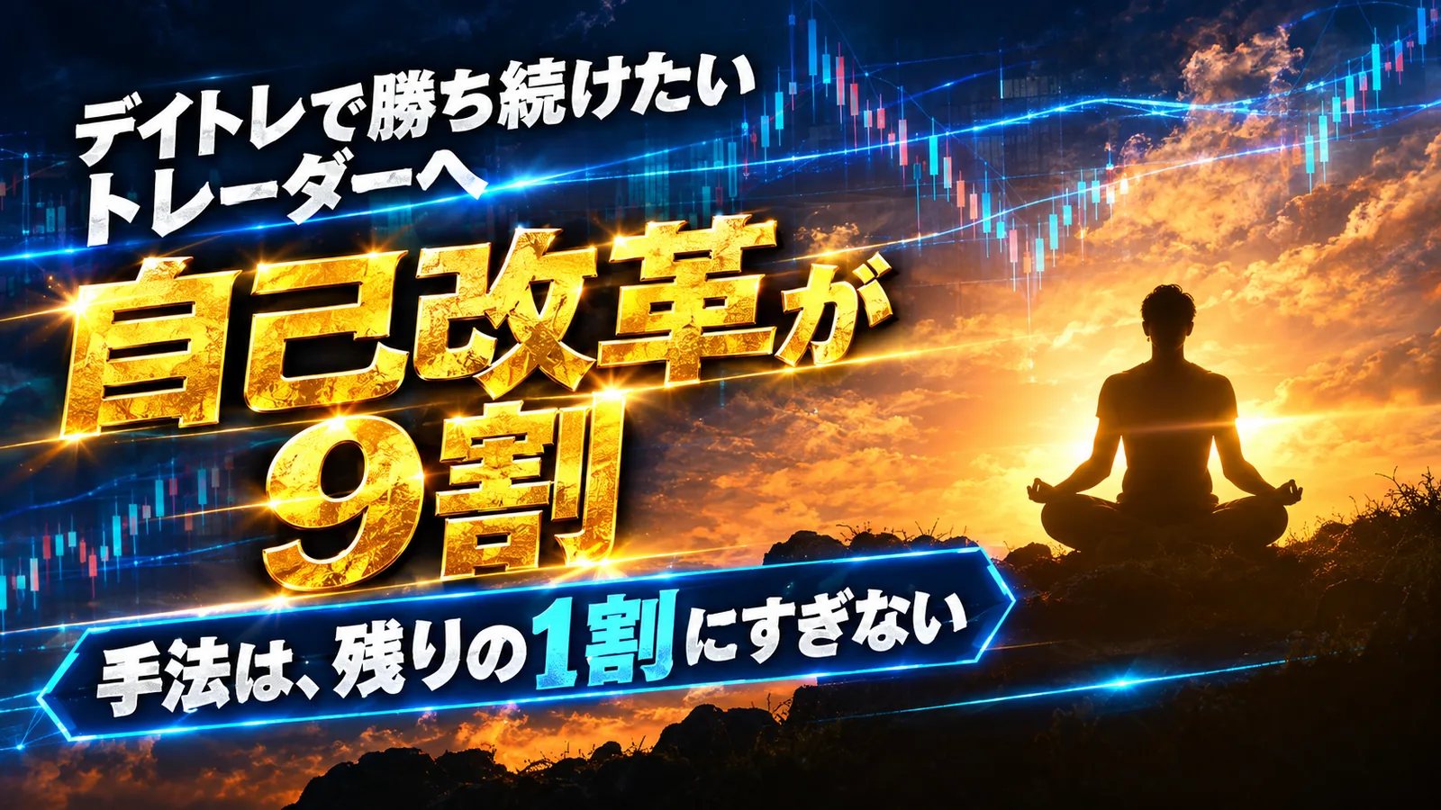 夕焼けの丘で正面を向いて座禅を組むトレーダーのシルエットと、記事タイトル「自己改革が9割」