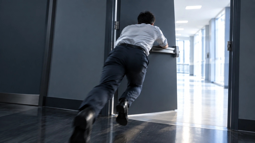 非常口の扉のパニックバーに体を預けて押し開き、明るい廊下へ走り抜ける人