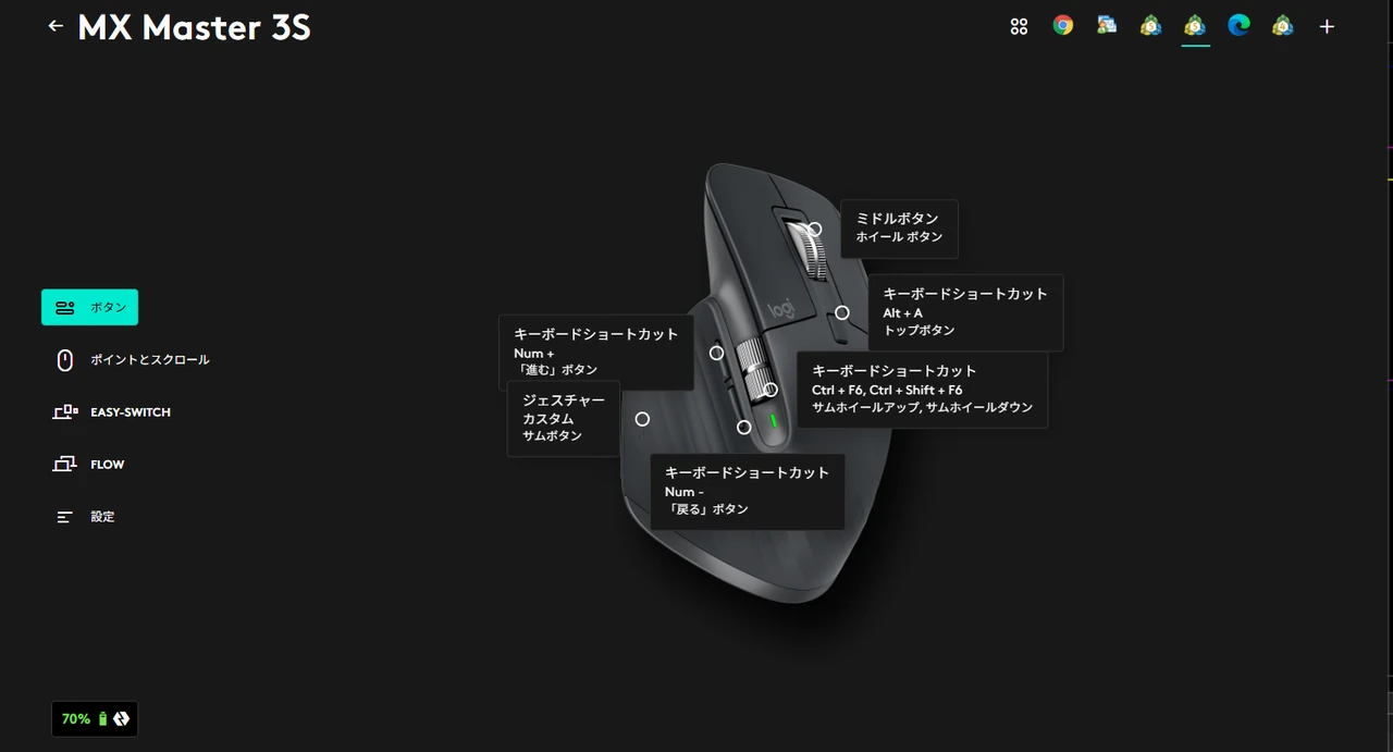 Logi Options+ でMT5用に設定したMX Master 3Sのボタン割り当て画面
