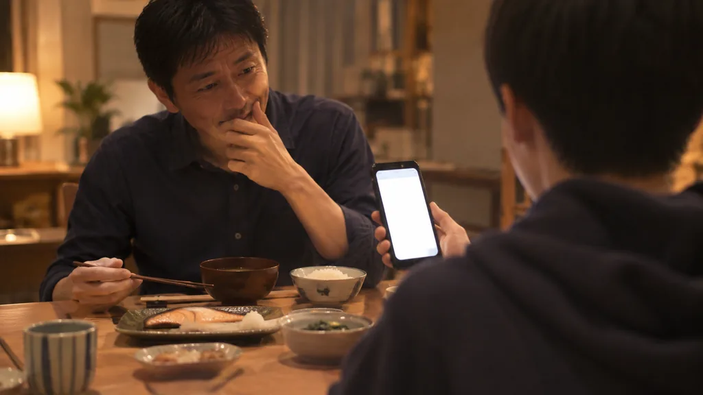 夕食の席で修理の話をする父と、迷わず答える息子