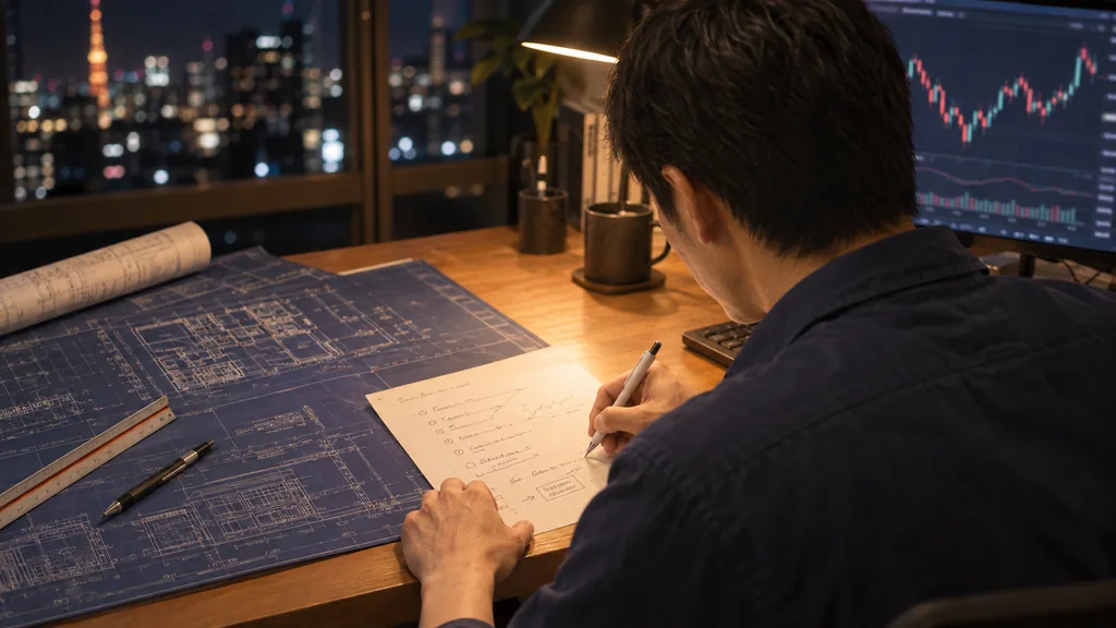 建築図面の横で、相場が開く前に取引ルールを紙に書き出す筆者